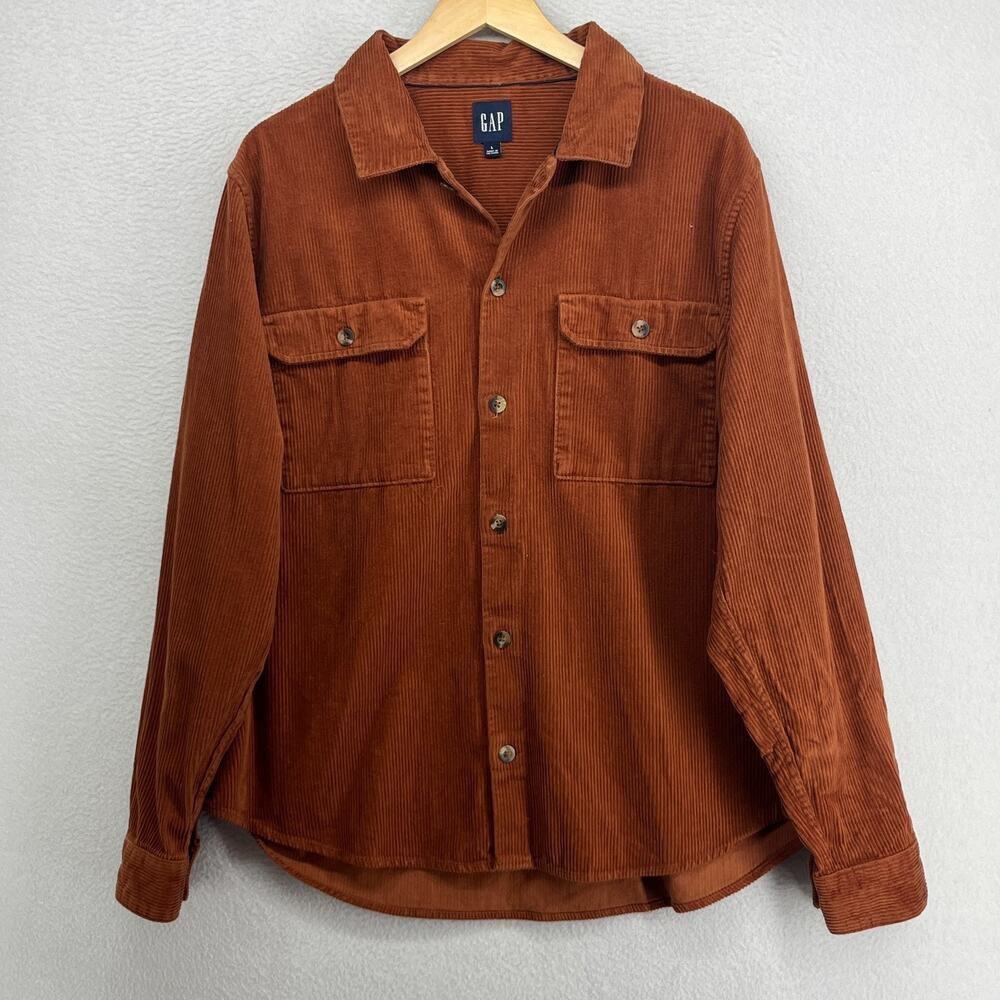 GAP Shirt Mens L Corduroy Utility Workshirt Button Up Long Sleeve Cotton Brown